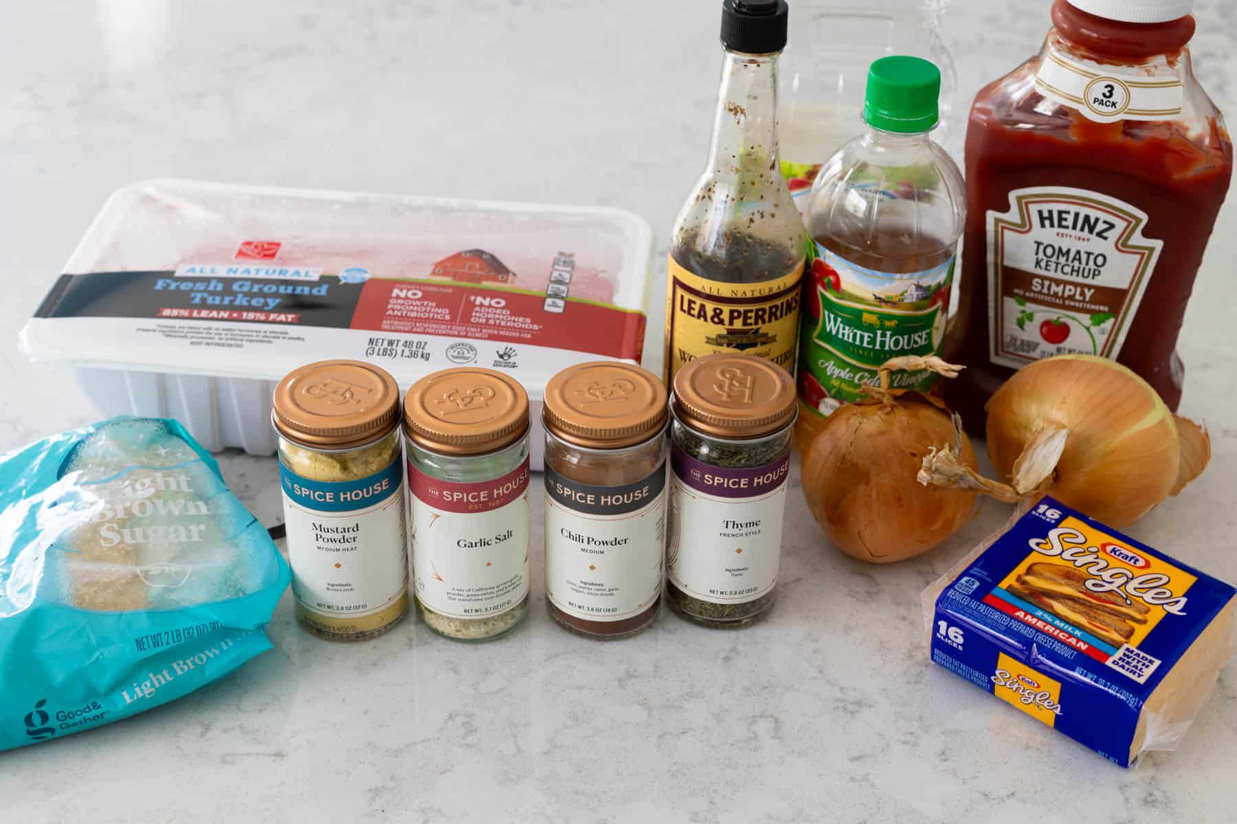 The ingredients to make the ground turkey sloppy joes are on the counter.