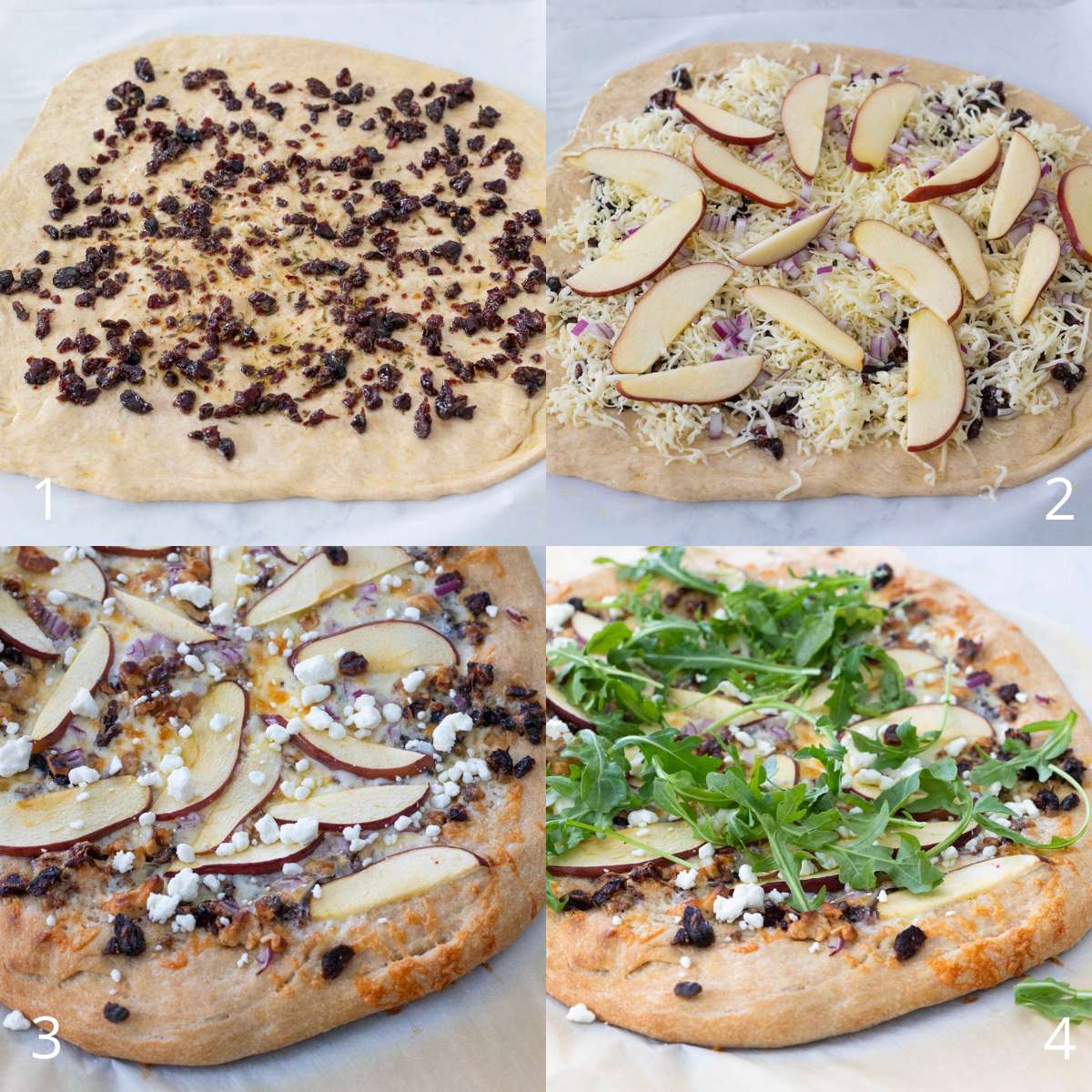 The step by step photos show how to place the toppings on the pizza.