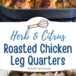 The photo collage shows the chicken in the roasting pan ready to go into the oven and the roasted chicken fresh from the oven at the end.