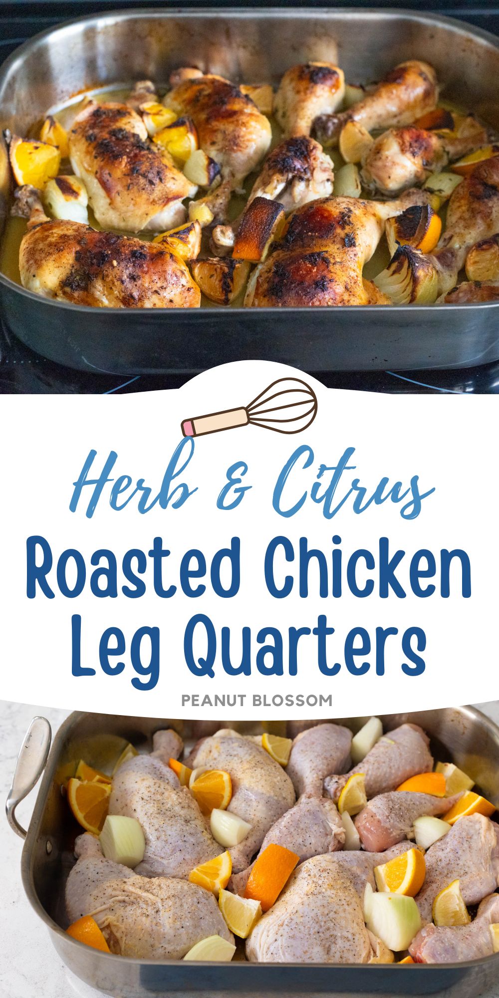 The photo collage shows the chicken in the roasting pan ready to go into the oven and the roasted chicken fresh from the oven at the end.