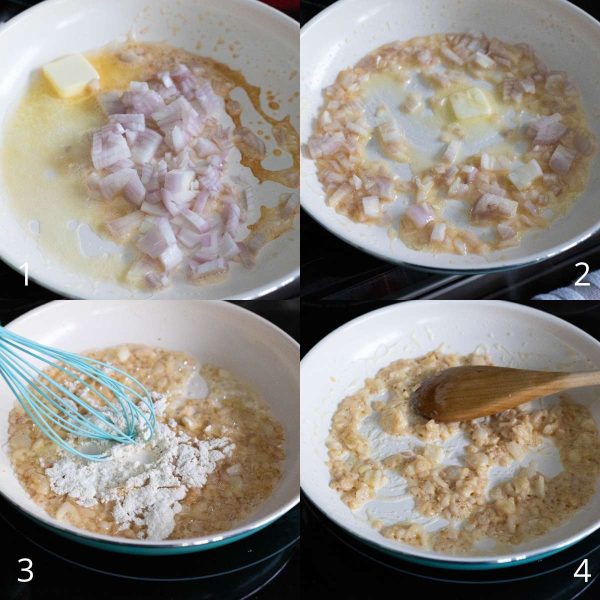 The step by step photos show how to soften the minced shallot in butter and add flour to make a roux.