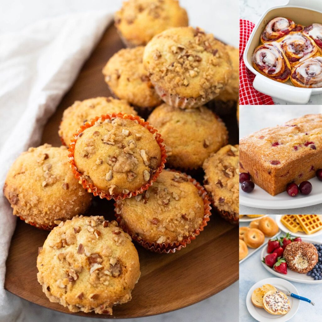 The photo collage shows 5 sweet breakfast treats to bake for Thanksgiving morning.