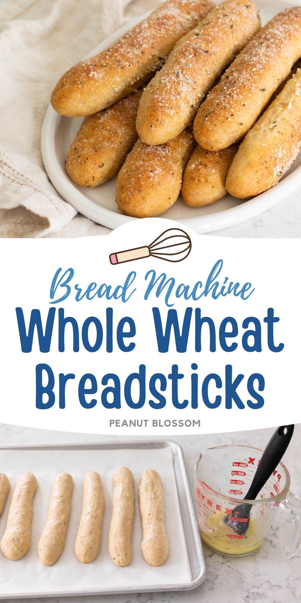 A white platter has a pile of fluffy whole wheat breadsticks dusted with grated parmesan cheese over the top. The second photo shows the cup of melted butter with a pastry brush about to brush the breadsticks dough.
