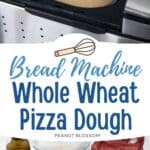The photo collage shows the pizza dough in the bread maker next to a photo of the ingredients needed to make it.