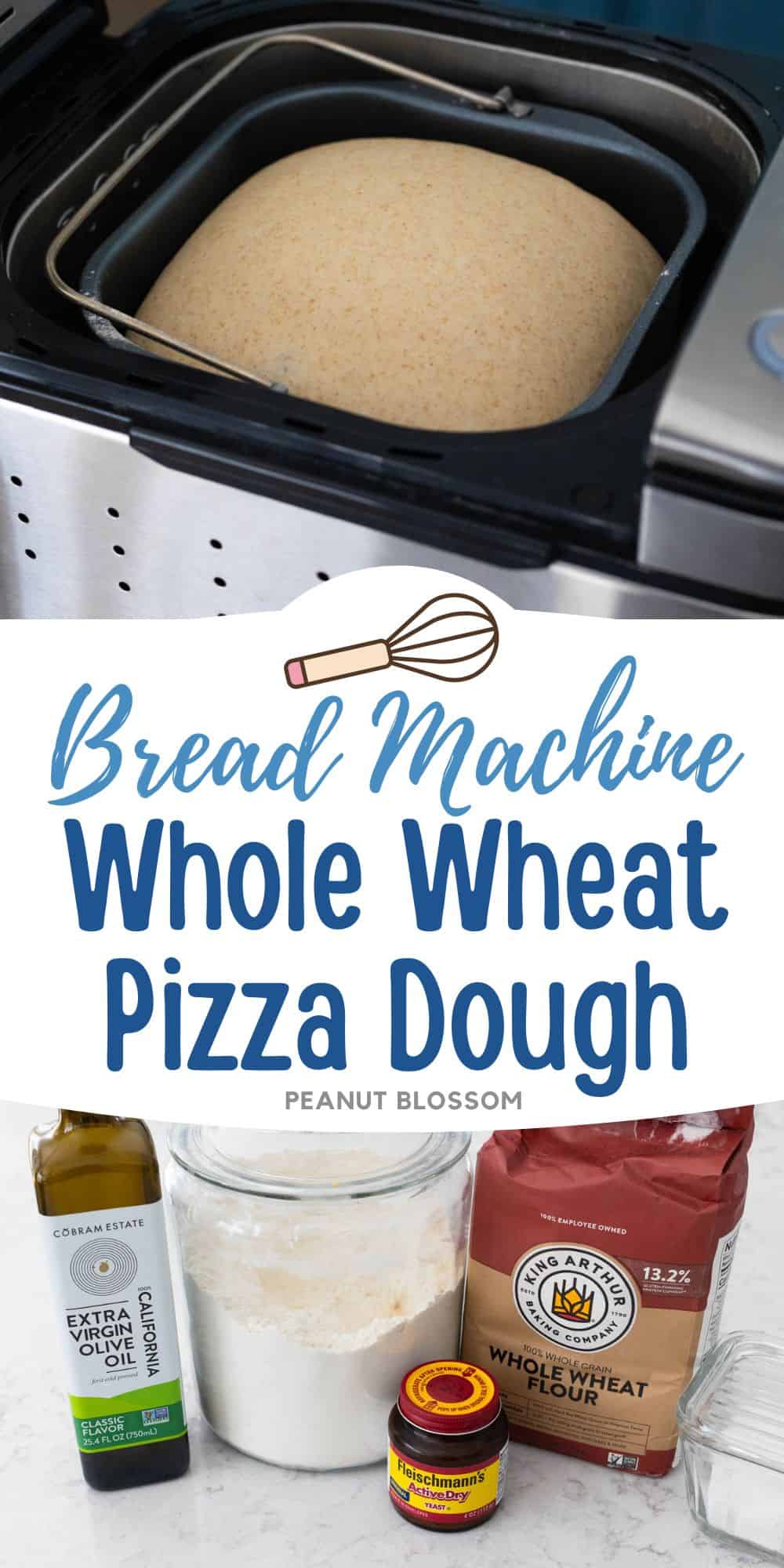 The photo collage shows the pizza dough in the bread maker next to a photo of the ingredients needed to make it.