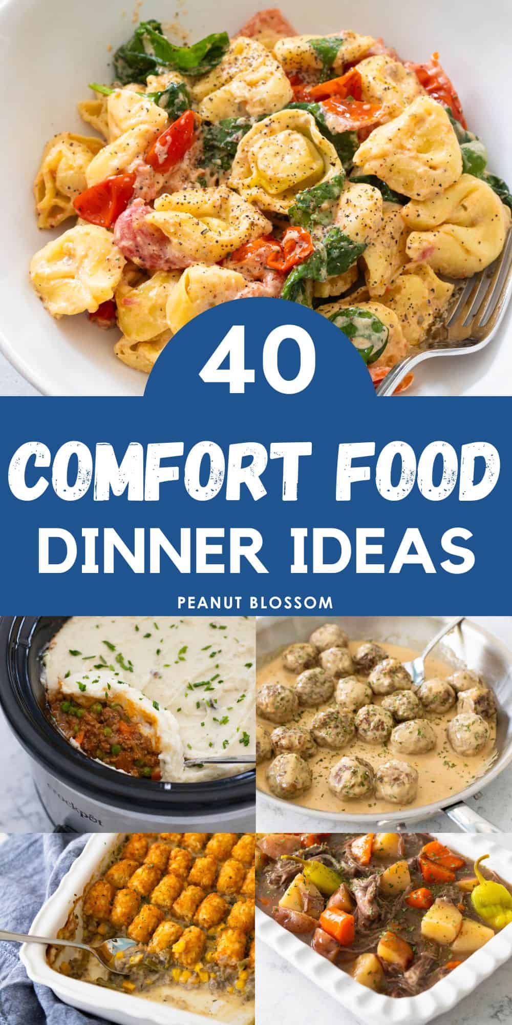 The photo collage shows 5 easy comfort foods for family dinner.