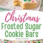 The photo collage shows the cookie bars on a platter next to the 9x13-inch baking pan they were baked in.