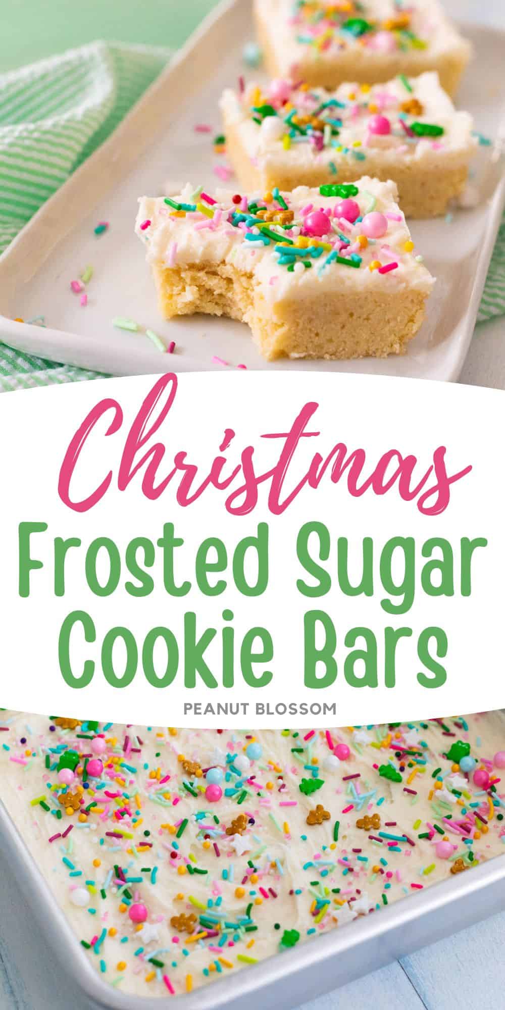The photo collage shows the cookie bars on a platter next to the 9x13-inch baking pan they were baked in.