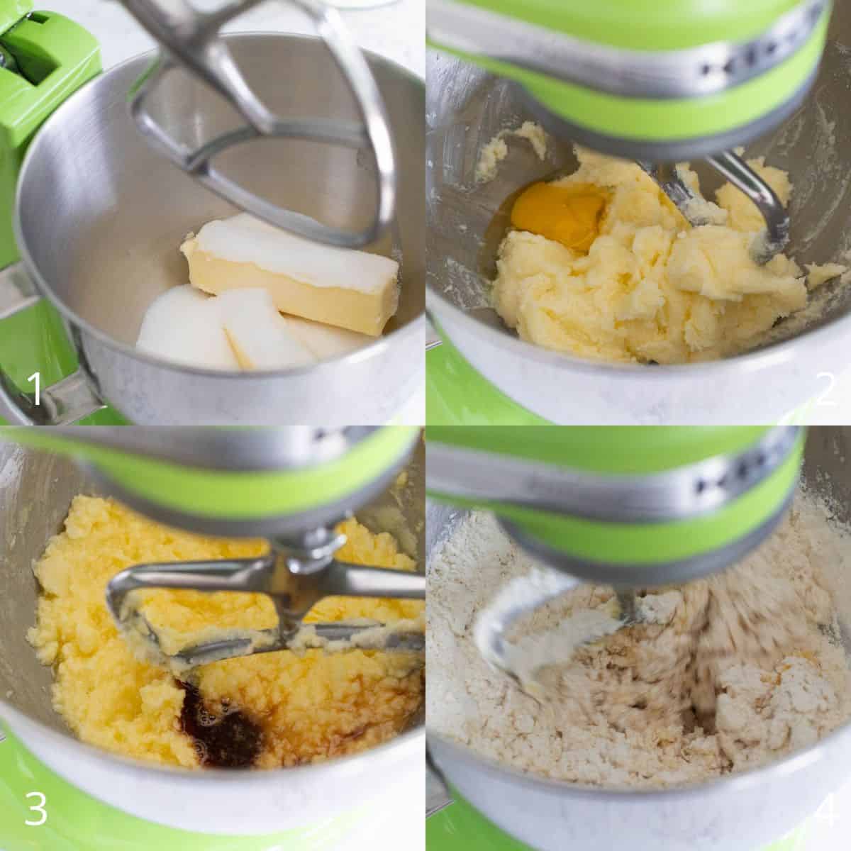 The step by step photo collage shows how to make the cookie dough in a stand mixer.