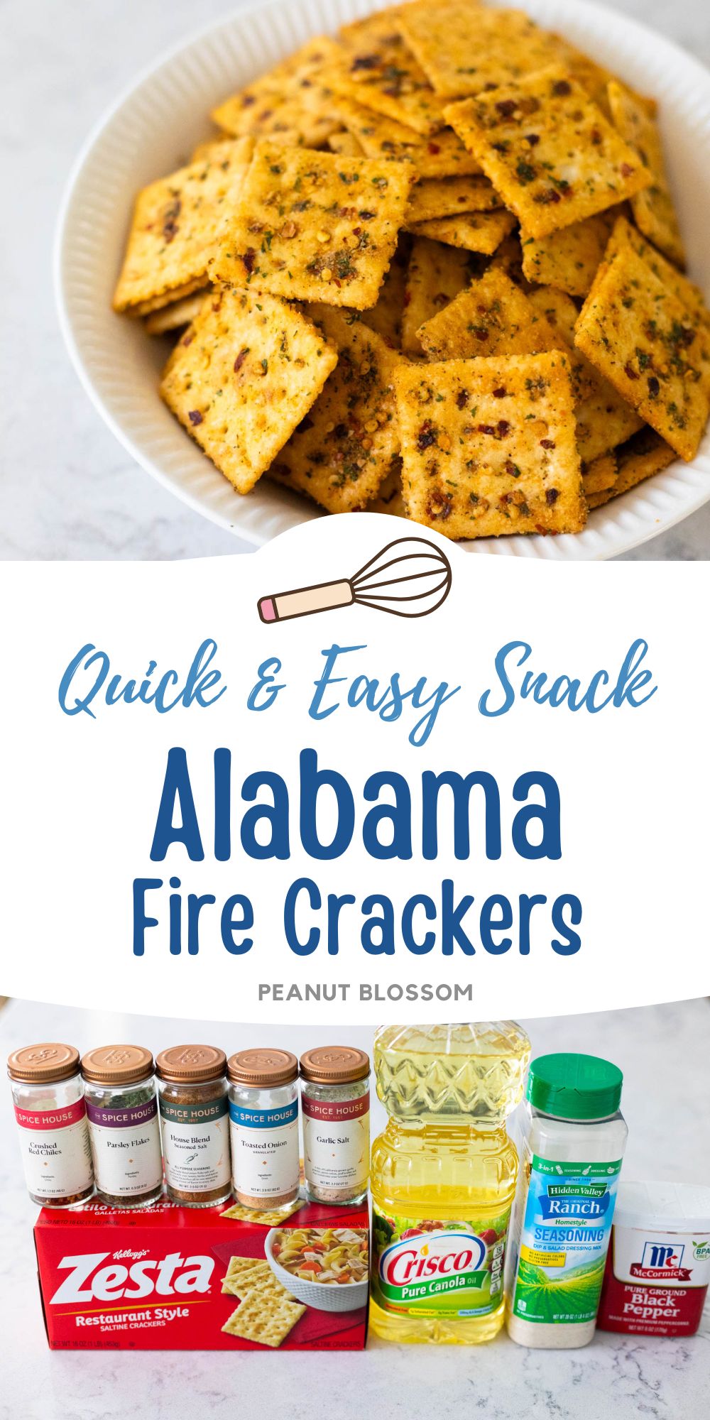 A white bowl is filled with seasoned saltine crackers.