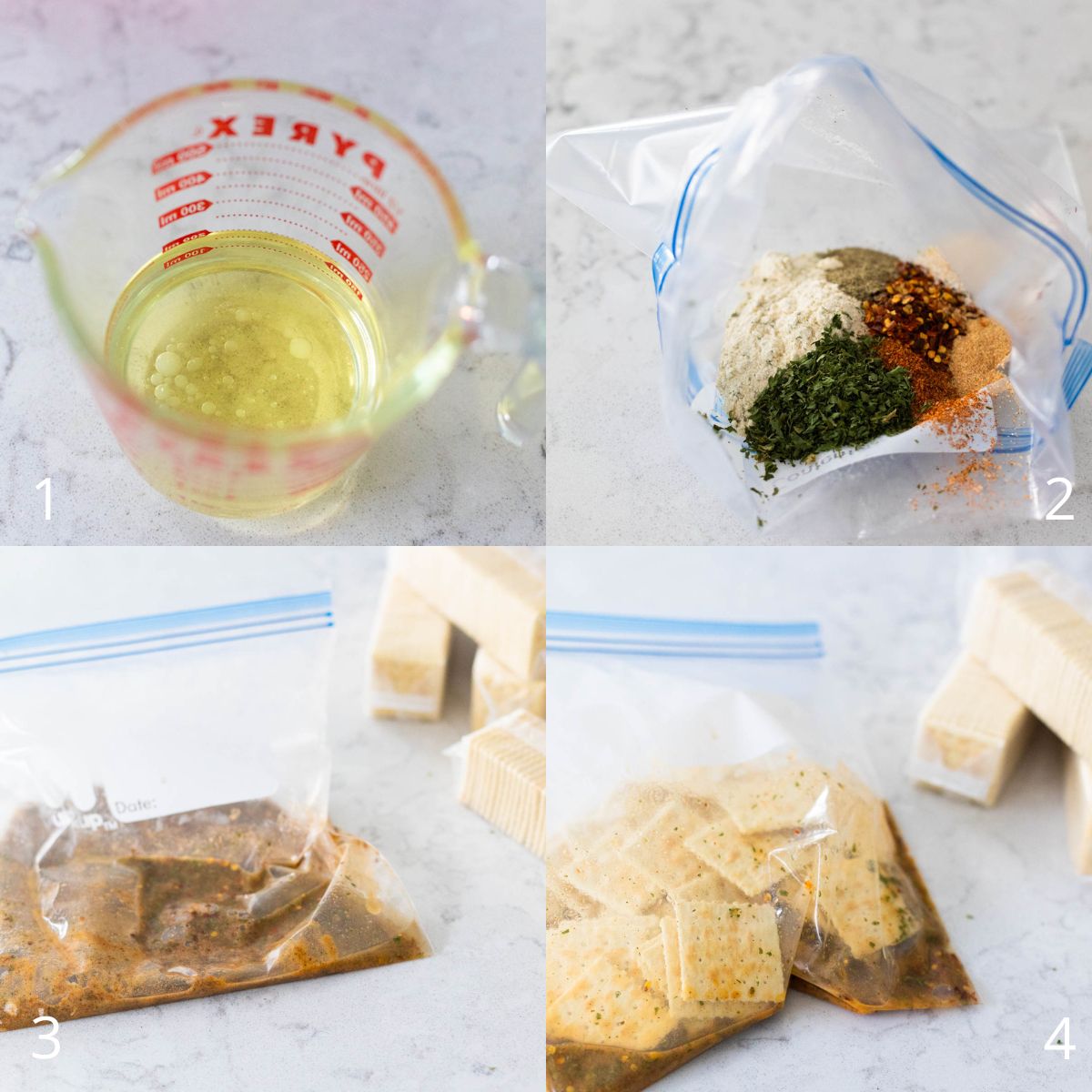 The step by step photo collage shows how to make Alabama fire crackers in ziptop bag.