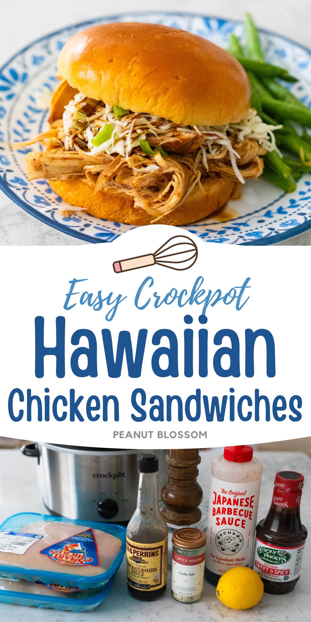 The shredded chicken sandwich has slaw and green onions on top, a serving of green beans on the side.