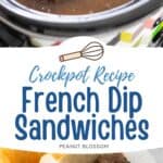 A hearty beef sandwich sits next to a cup of beef au jus dipping sauce.