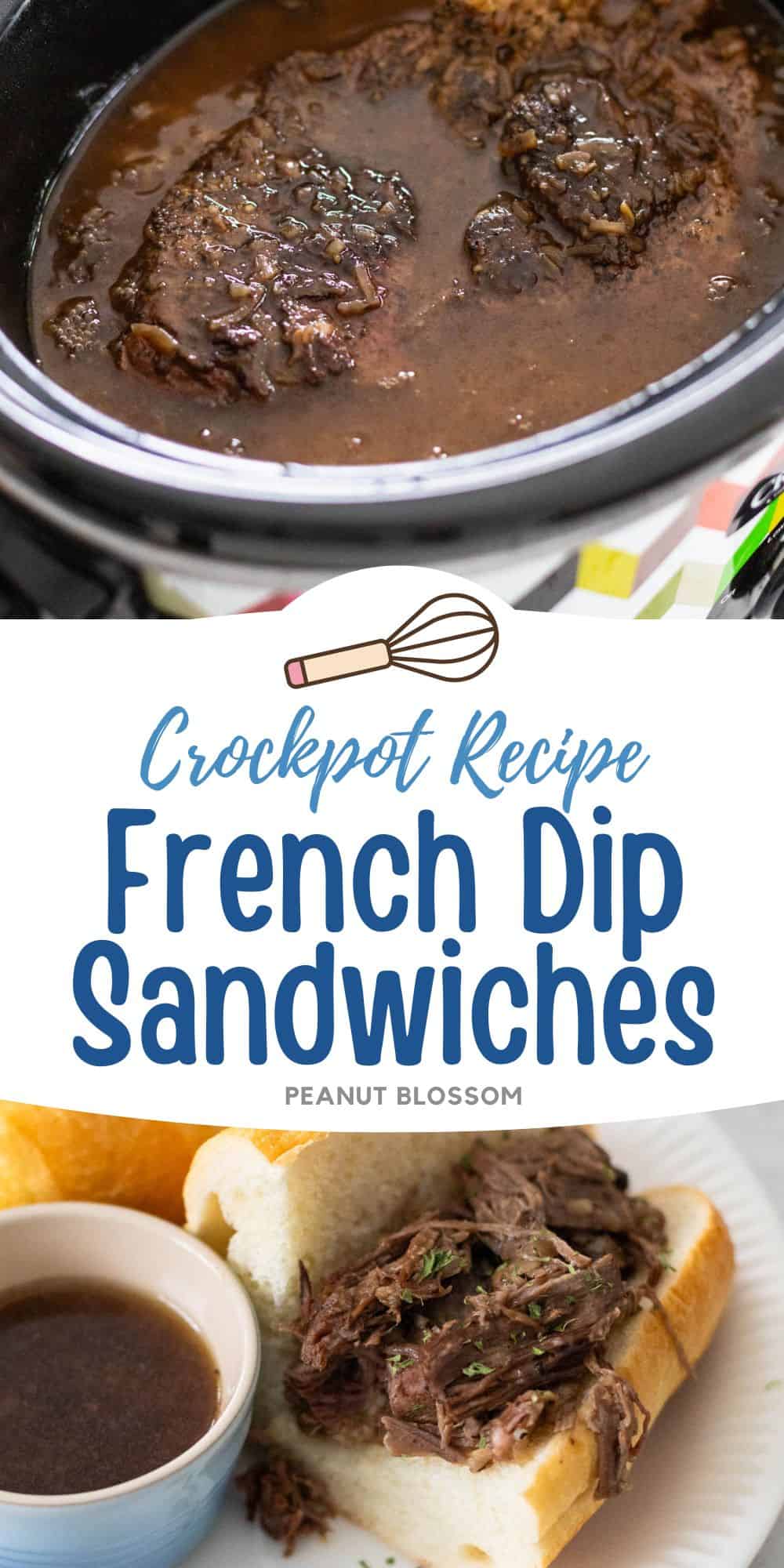 A hearty beef sandwich sits next to a cup of beef au jus dipping sauce.