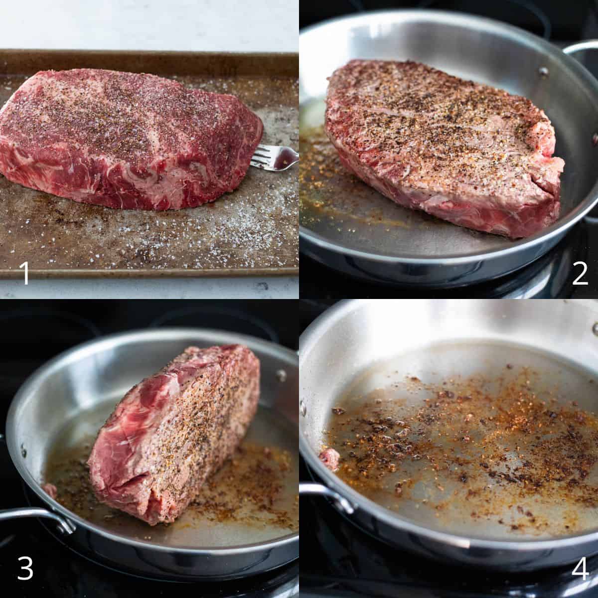 The step by step photos show how to sear the beef roast in a large skillet.