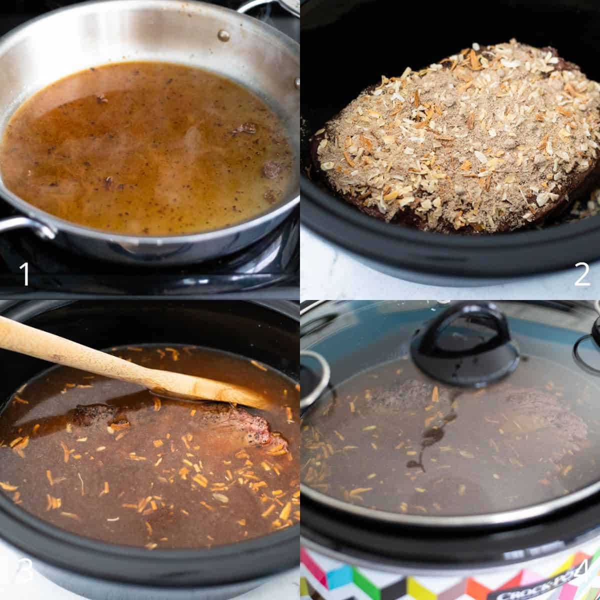 The step by step photos show how to season the broth for the beef.