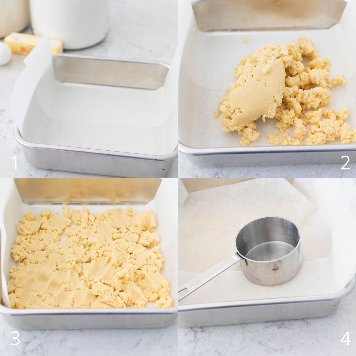 The step by step photos show how to shape the crust in the baking pan.