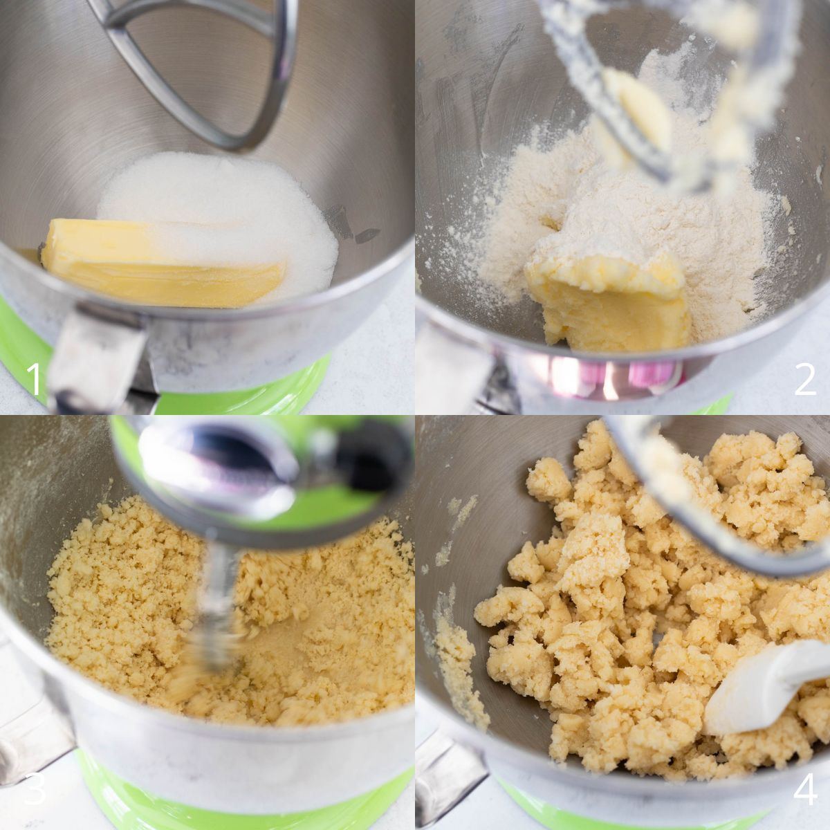 Step by step photos show how to prepare the dough for the crust in a stand mixer.