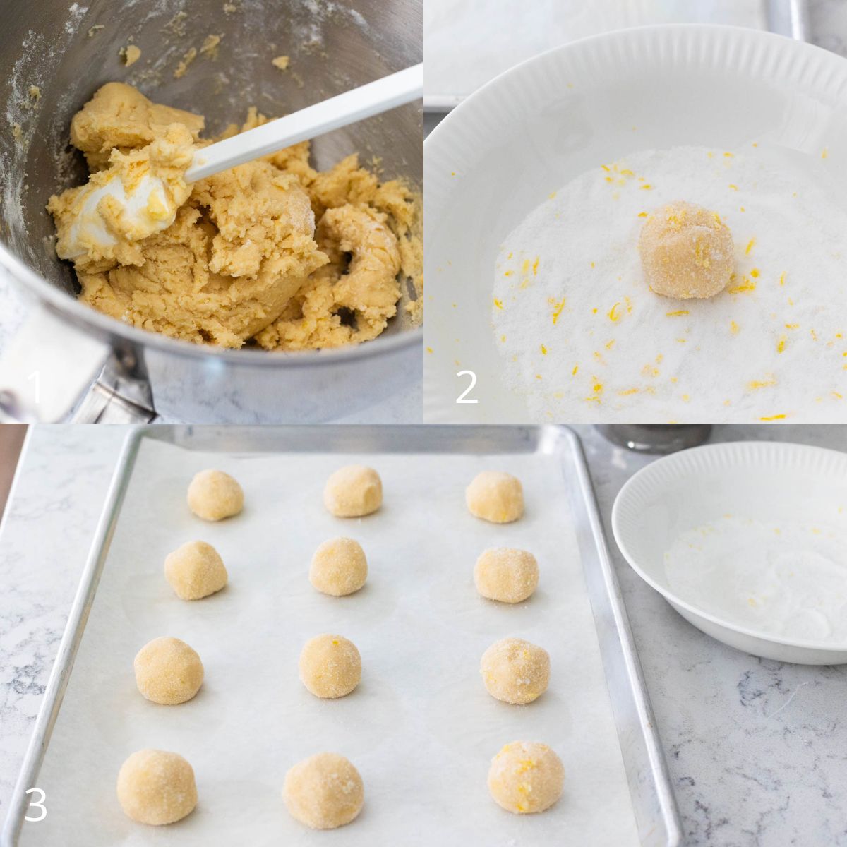 The step by step photos show how to roll the cookie balls and dip them in sugar before lining up on a baking sheet.
