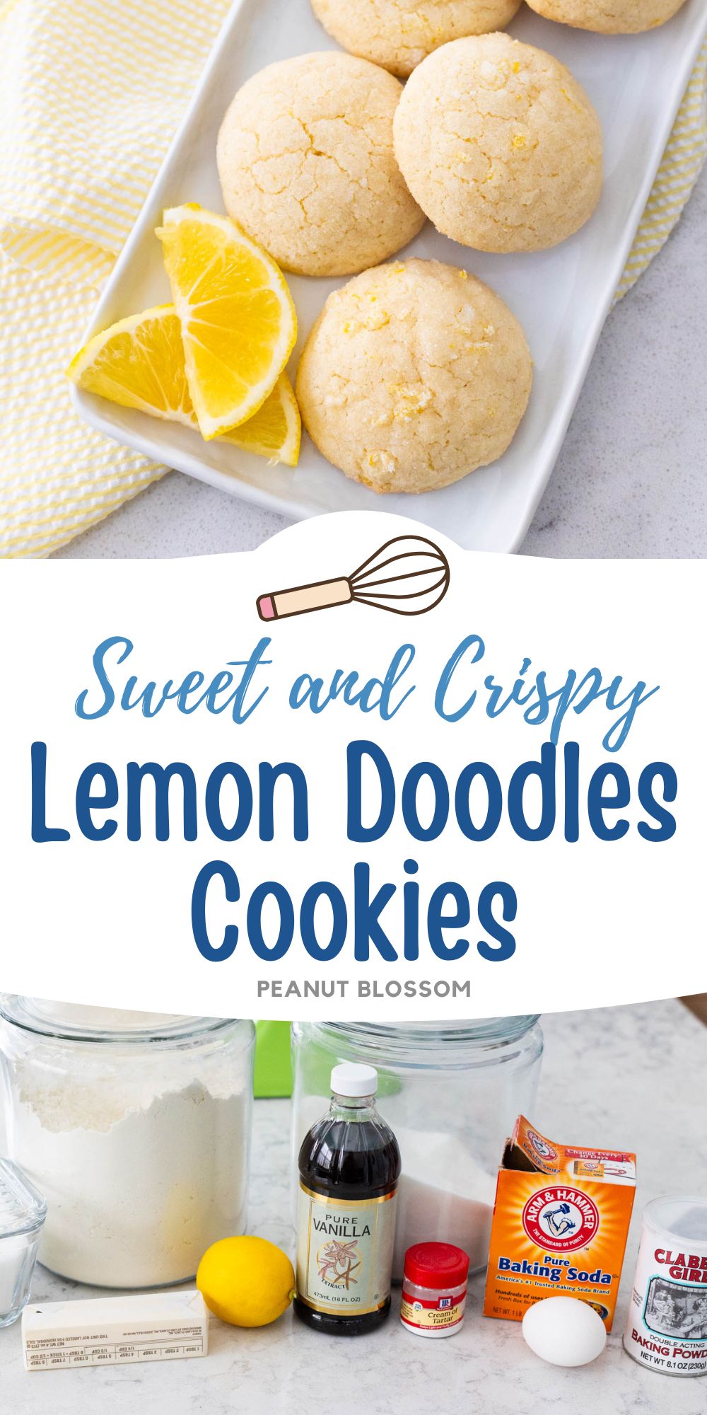 A platter of puffy lemon doodle cookies has sliced fresh lemons on the side.