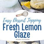 A mixing bowl filled with lemon glaze sits next to a rack of cookies. There's a fork on the side used to drizzle the glaze over the top.