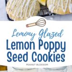 The lemon cookies are cooling on a baker's rack, they have a lemon icing drizzle over the top and fresh lemon slices on the side.