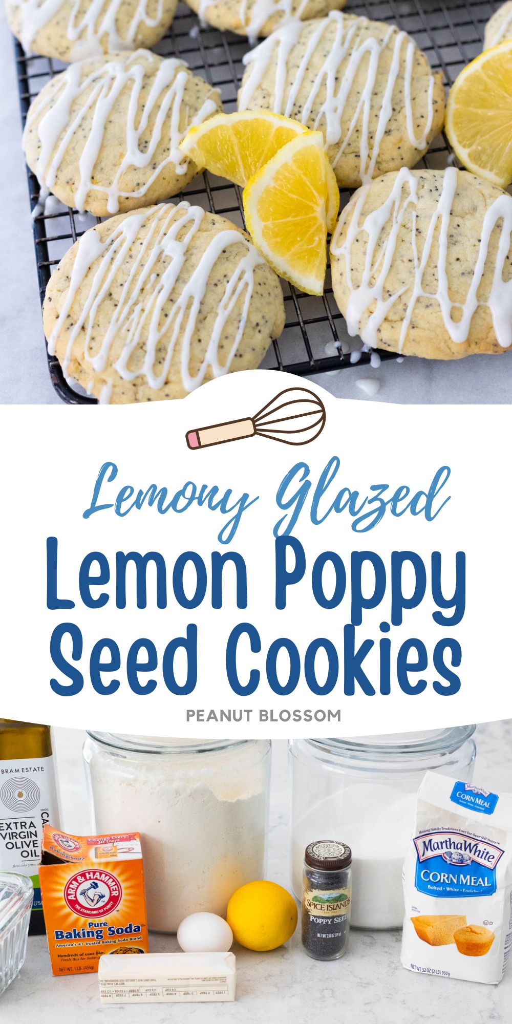 The lemon cookies are cooling on a baker's rack, they have a lemon icing drizzle over the top and fresh lemon slices on the side.