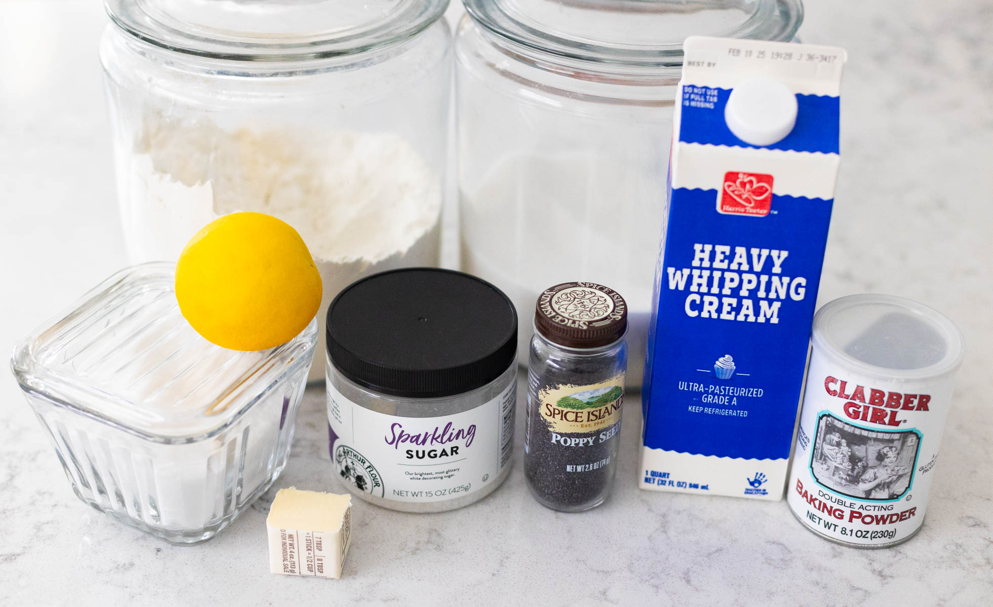 The ingredients to make lemon scones are on the counter.