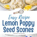 A plate of lemon scones with sugared topping has sliced lemons on the side.