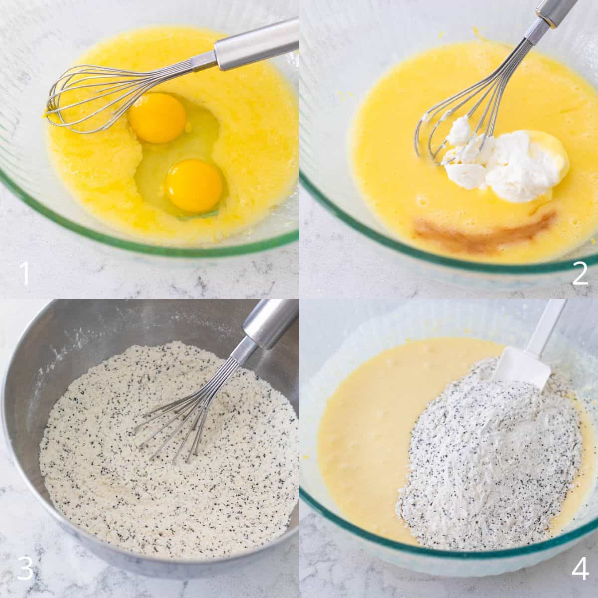 The step by step photos show how to prepare the lemon poppy seed muffin batter.