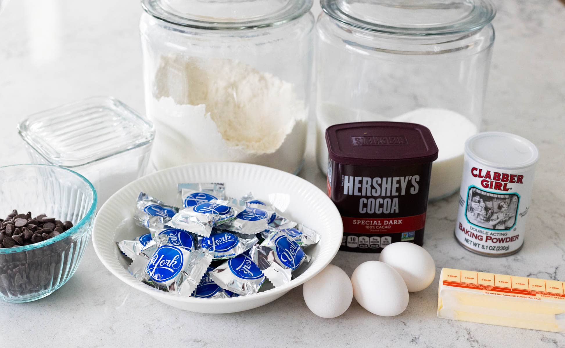 The ingredients to make the peppermint brownies are on the counter.