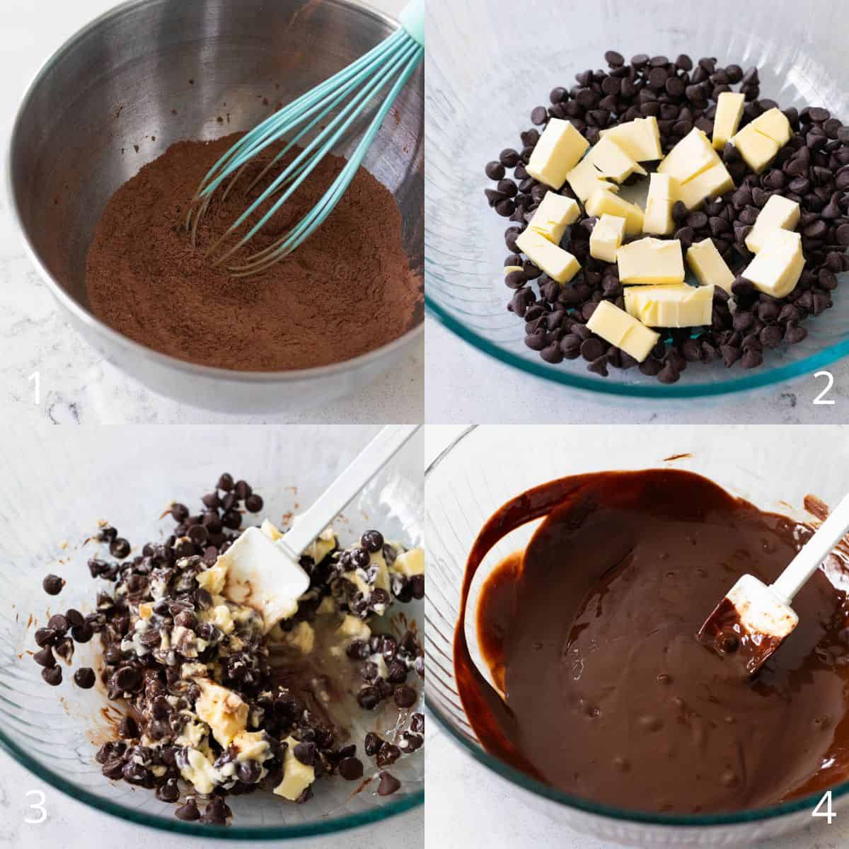 The step by step photo collage shows how to melt the chocolate and butter.