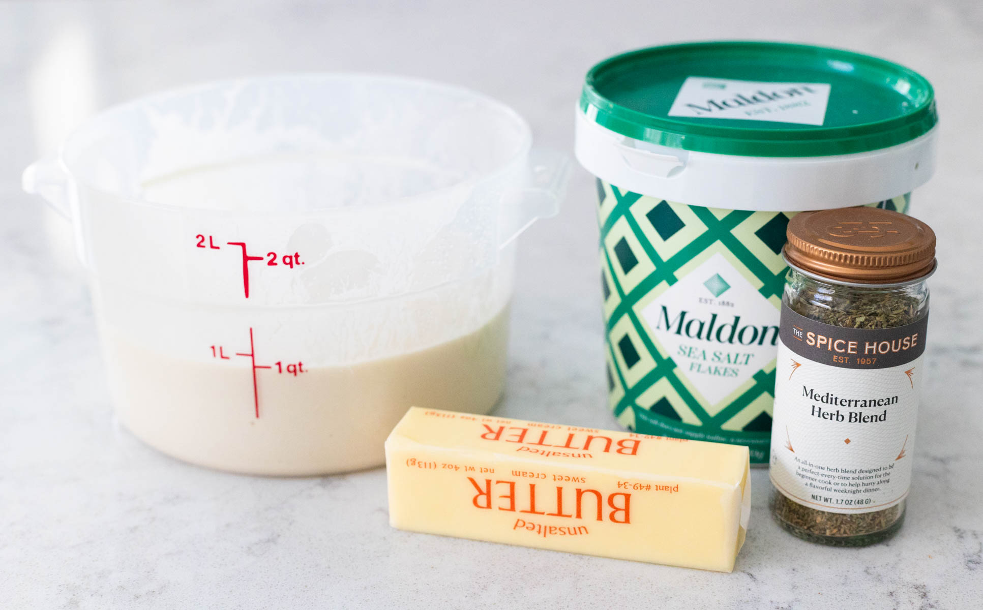 The ingredients to make the crackers are on the counter.