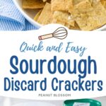 A white bowl filled with homemade sourdough crackers. The second photo shows the ingredients needed to make them.