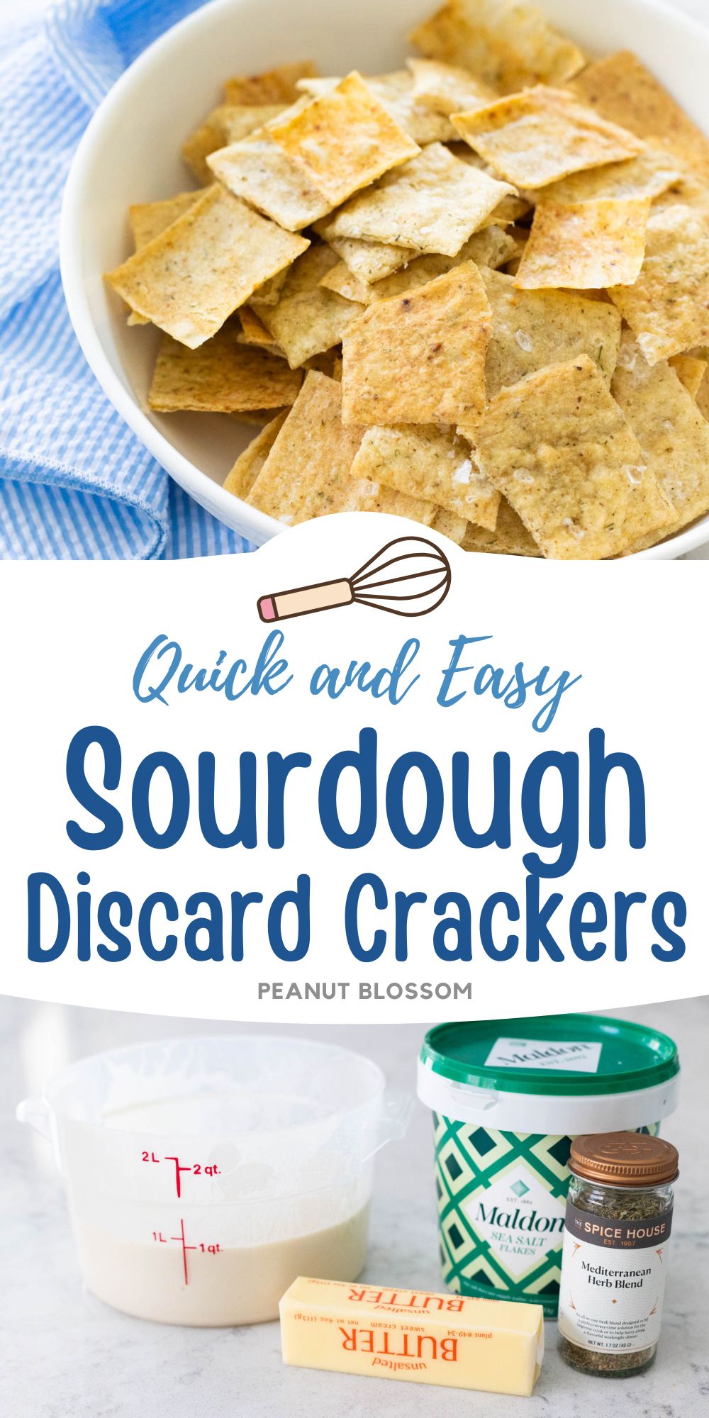 A white bowl filled with homemade sourdough crackers. The second photo shows the ingredients needed to make them.