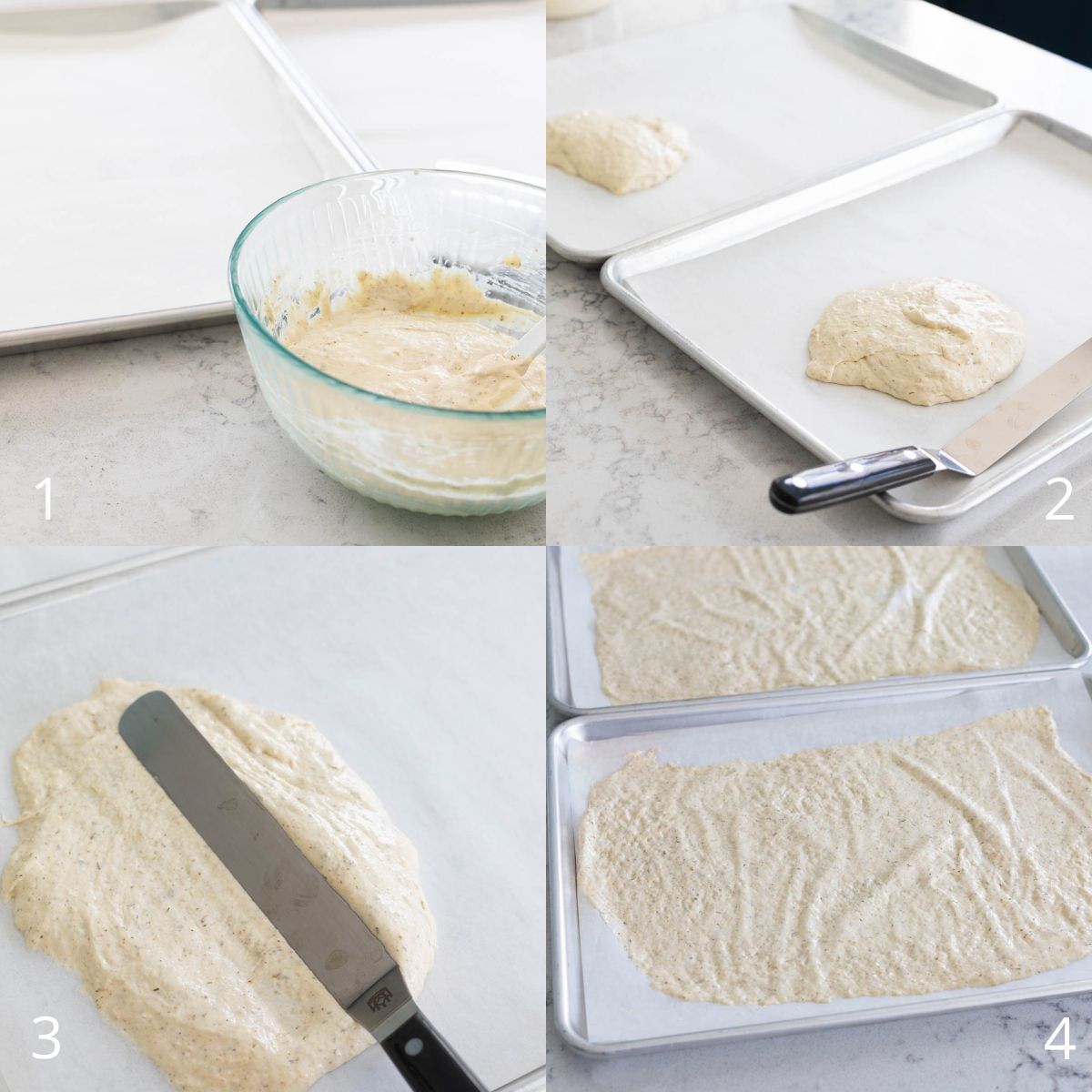 The step by step photos show how to spread the cracker batter on the baking pans.
