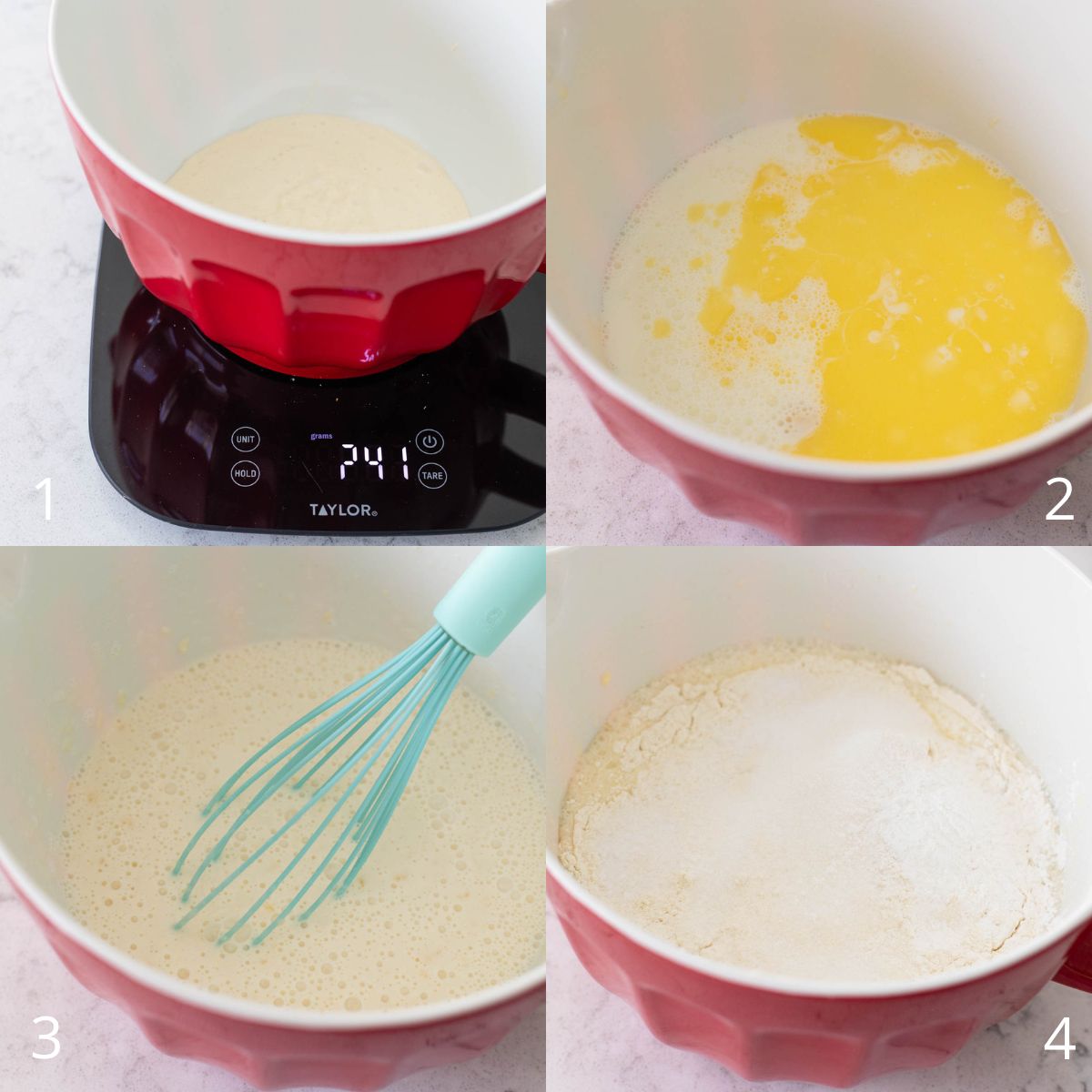The step by step photos show how to prep the sourdough waffle batter.
