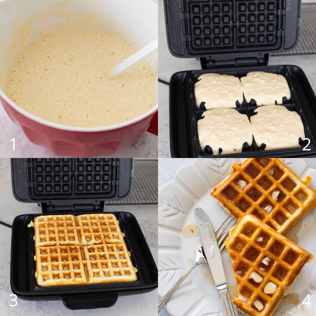 The step by step photos show how to put the batter in a waffle iron.