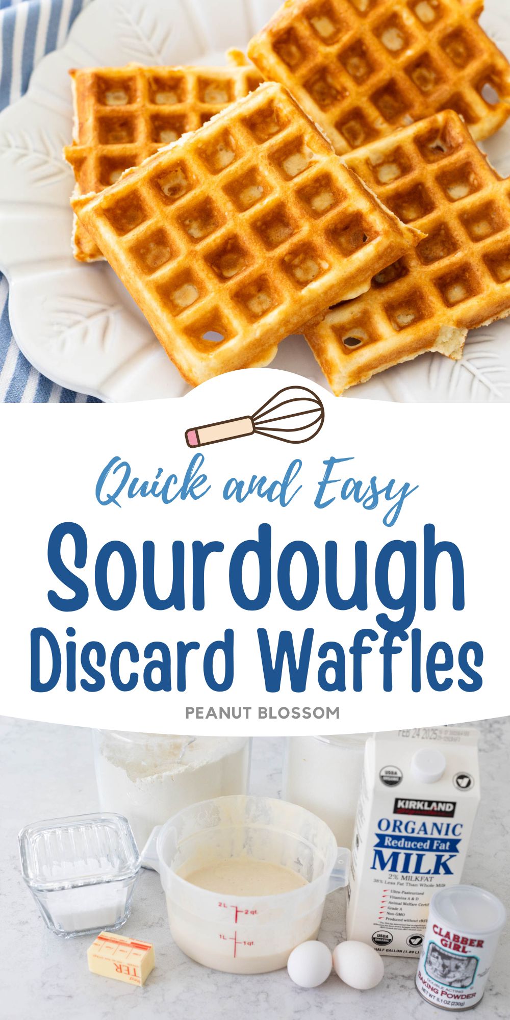 Top Photo: The waffles are served on a white plate resting on a blue and white striped napkin.
Bottom Photo: The ingredients needed to make the waffles.