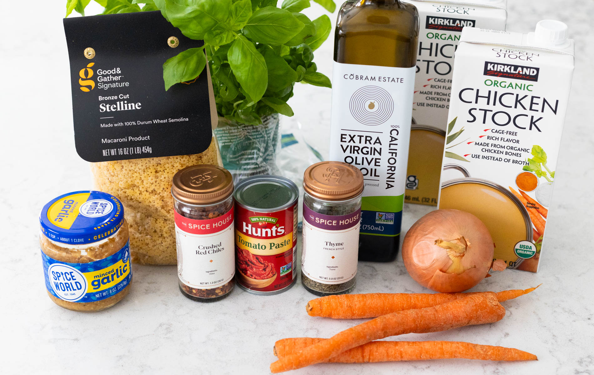 The ingredients to make tomato pastina are on the counter.