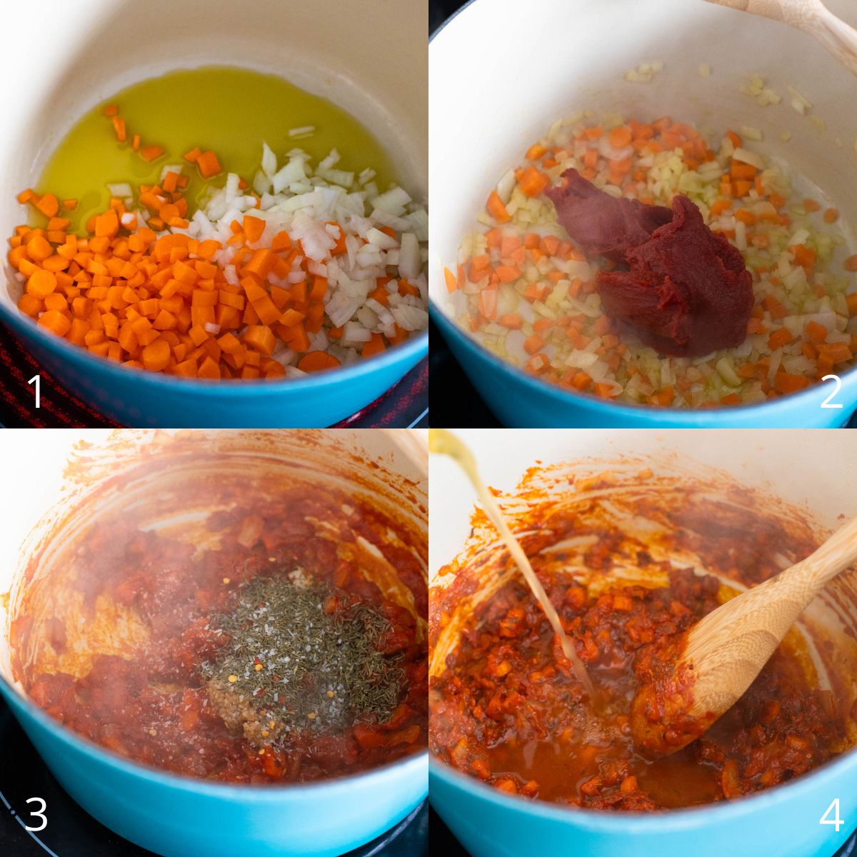 The step by step photo collage shows how to build the sauce for the pastina.