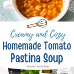 A bowl of tomato-based pastina soup has a spoon lifting out a bite so you can see the star-shaped pasta.