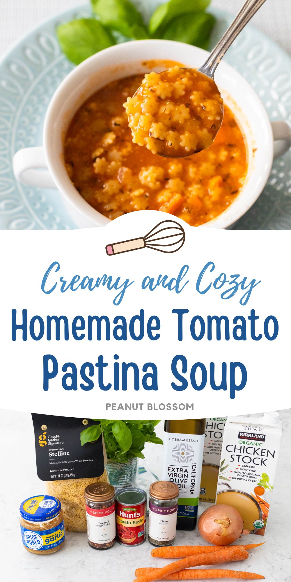 A bowl of tomato-based pastina soup has a spoon lifting out a bite so you can see the star-shaped pasta.
