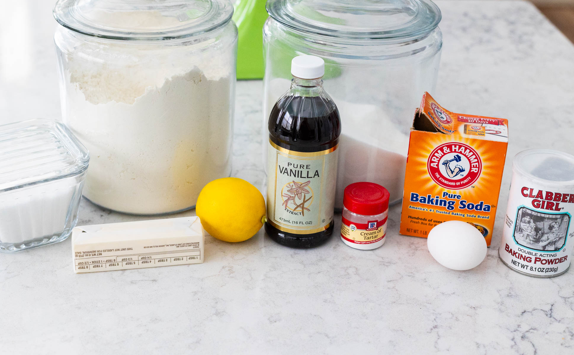The ingredients for making lemon doodles are on the counter.