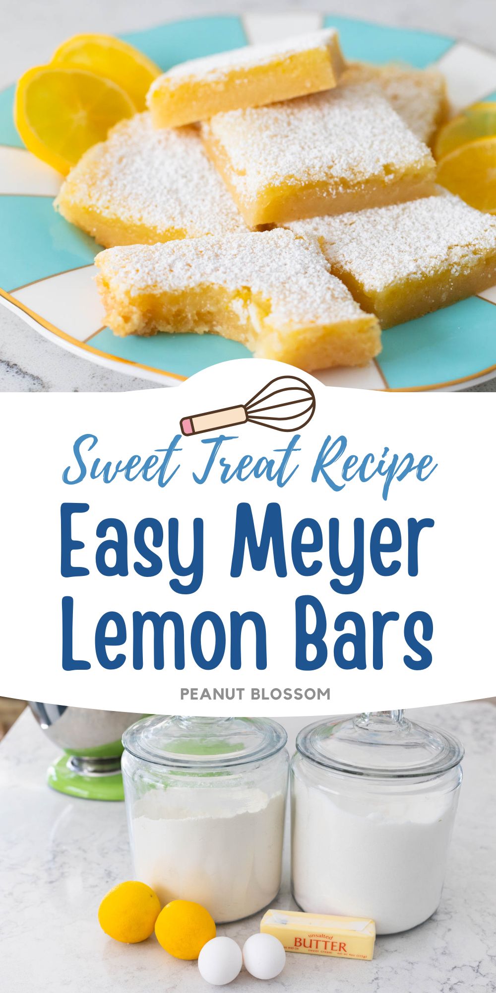 The photo collage shows the finished dessert bars next to the photo of the ingredients needed to make them.