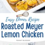 The photo collage shows the roasted lemon chicken next to the photo of the ingredients needed to make it.