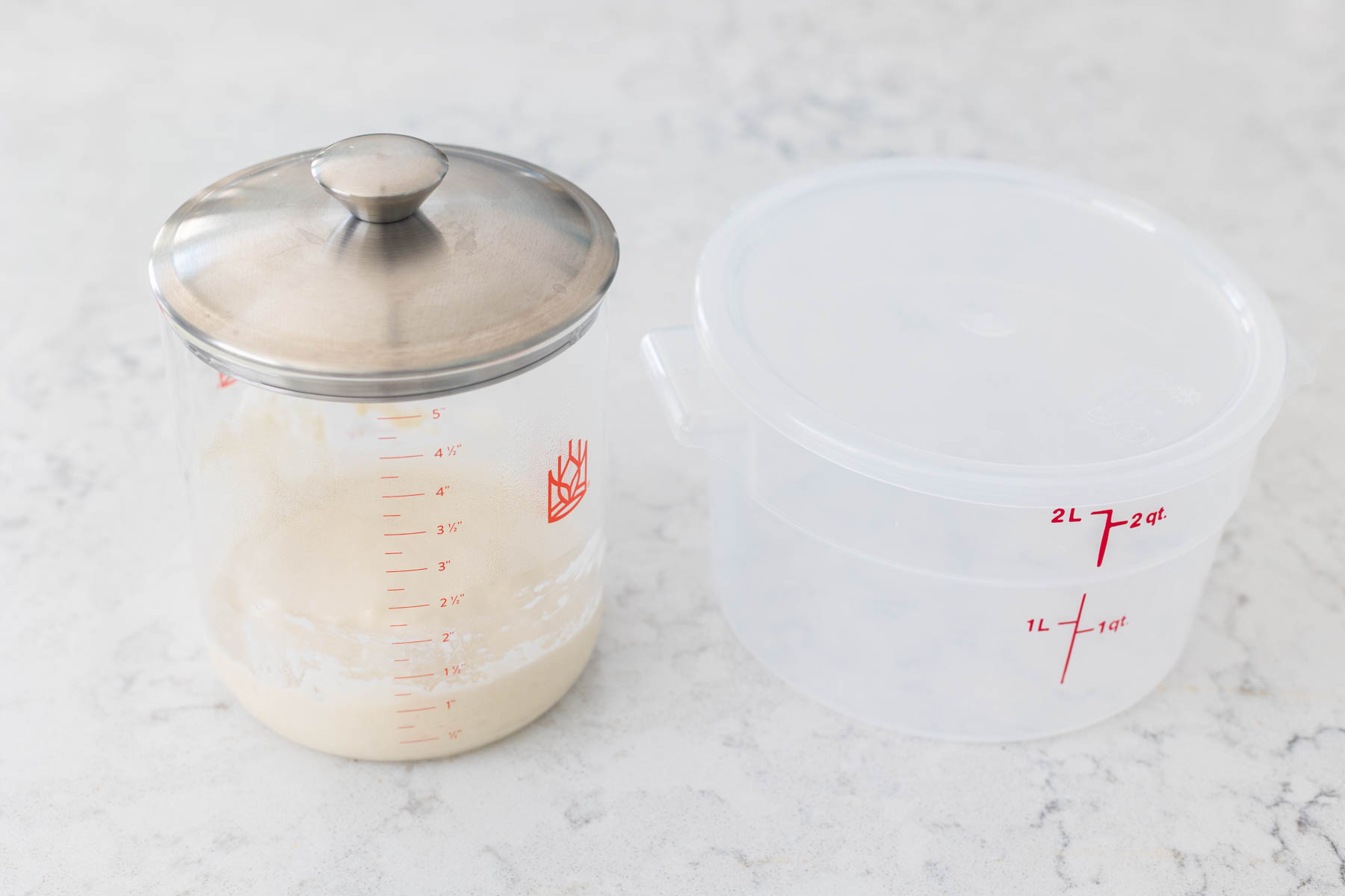 A glass jar with a lid and a plastic tub with a lid sit next to each other on the counter.