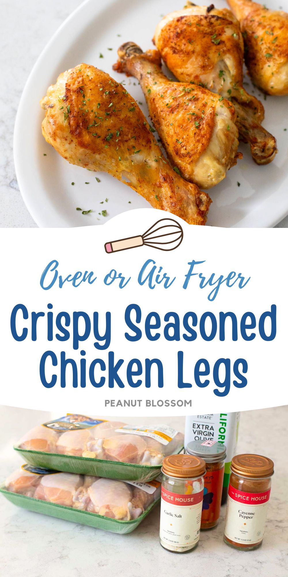 The crispy baked chicken legs are on a white platter sprinkled with parsley. The ingredients to make them are in the second photo.
