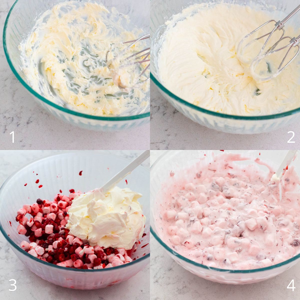 The step by step photo collage shows how to beat the cream cheese to make the creamy fluff and fold the chilled cranberries in.