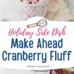 A parfait cup of creamy cranberry fluff has a spoon resting on the side.